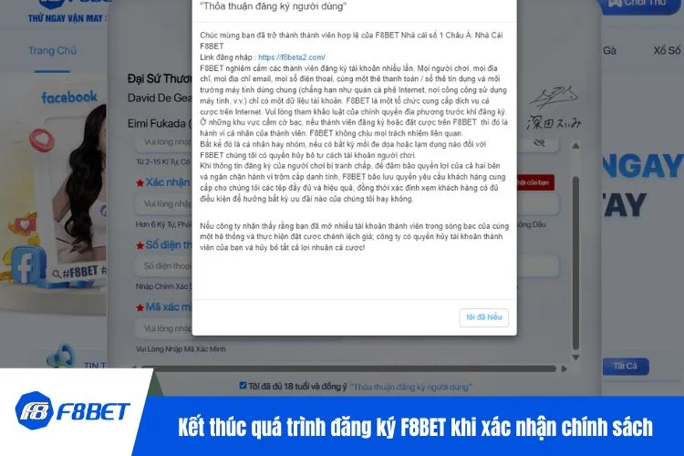 Kết thúc quá trình đăng ký F8BET khi xác nhận chính sách